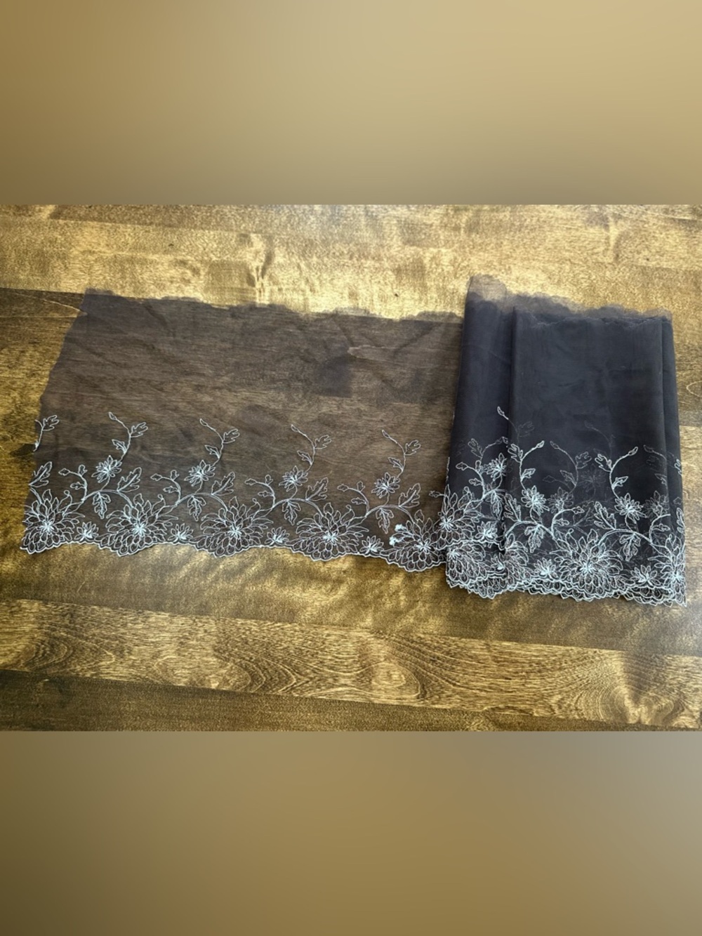 Dark brown Sheer Lace Trim Fabric Panel with Floral Embroidery